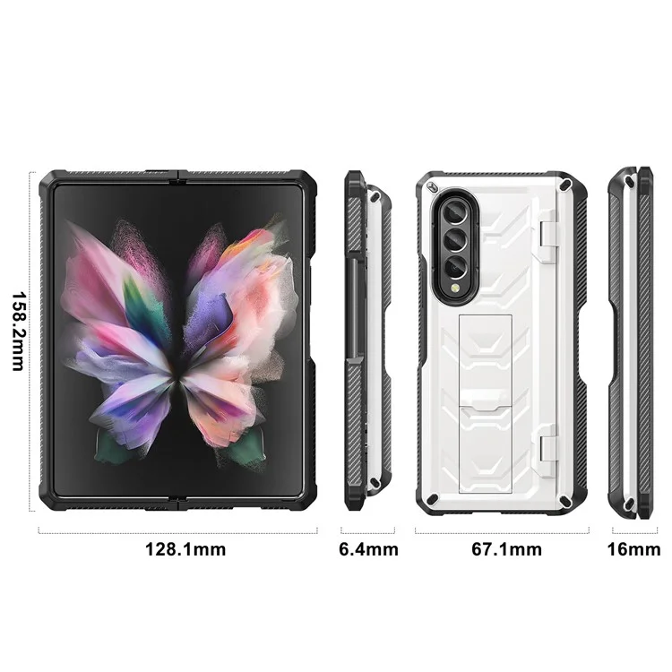 For Samsung Galaxy Z Fold3 5G SM-F9260 Rugged Series Pen Holder Hinge Phone Case Drop-proof Kickstand TPU + PC Cover - White