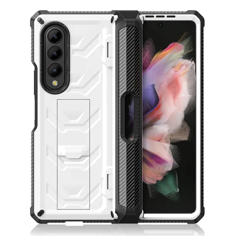For Samsung Galaxy Z Fold3 5G SM-F9260 Rugged Series Pen Holder Hinge Phone Case Drop-proof Kickstand TPU + PC Cover - White