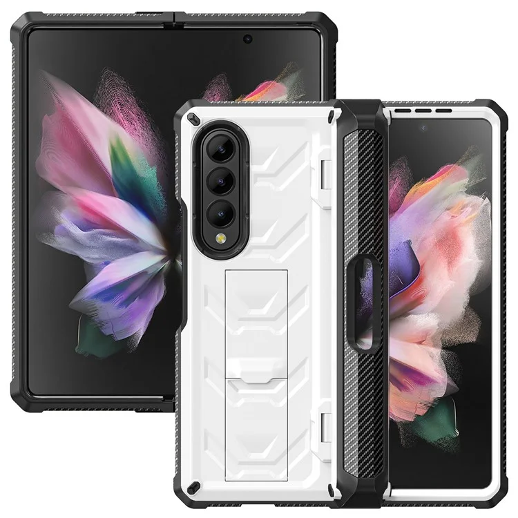For Samsung Galaxy Z Fold3 5G SM-F9260 Rugged Series Pen Holder Hinge Phone Case Drop-proof Kickstand TPU + PC Cover - White