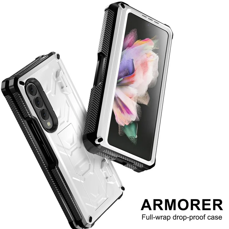 For Samsung Galaxy Z Fold3 5G SM-F9260 Rugged Series Pen Holder Hinge Phone Case Drop-proof Kickstand TPU + PC Cover - White