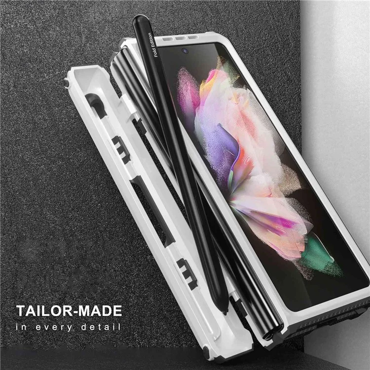 For Samsung Galaxy Z Fold3 5G SM-F9260 Rugged Series Pen Holder Hinge Phone Case Drop-proof Kickstand TPU + PC Cover - White