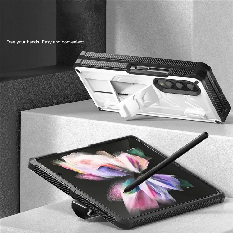 For Samsung Galaxy Z Fold3 5G SM-F9260 Rugged Series Pen Holder Hinge Phone Case Drop-proof Kickstand TPU + PC Cover - White