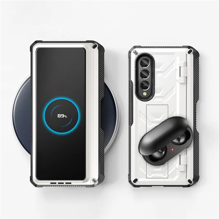 For Samsung Galaxy Z Fold3 5G SM-F9260 Rugged Series Pen Holder Hinge Phone Case Drop-proof Kickstand TPU + PC Cover - White