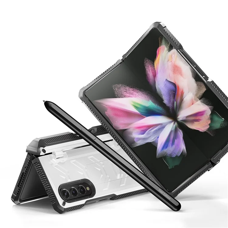 For Samsung Galaxy Z Fold3 5G SM-F9260 Rugged Series Pen Holder Hinge Phone Case Drop-proof Kickstand TPU + PC Cover - White