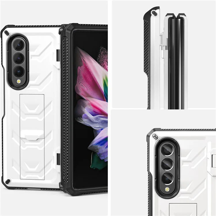For Samsung Galaxy Z Fold3 5G SM-F9260 Rugged Series Pen Holder Hinge Phone Case Drop-proof Kickstand TPU + PC Cover - White