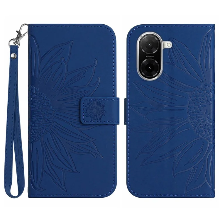 For Xiaomi Redmi A5 4G (171.7mm) / Poco C71 4G Case Sunflower Imprint Leather Wallet Phone Cover with Wrist Strap - Sapphire
