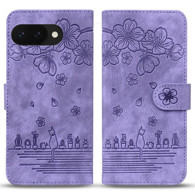 For Google Pixel 9a Case Flip Stand Leather Phone Cover Cherry Blossom Cat Imprinted - Purple