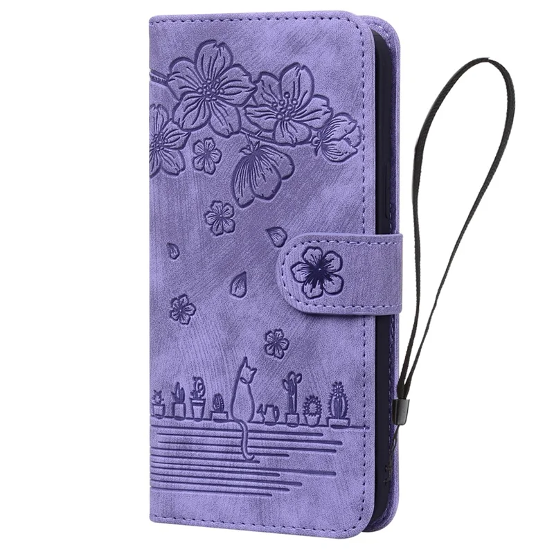 For Google Pixel 9a Case Flip Stand Leather Phone Cover Cherry Blossom Cat Imprinted - Purple