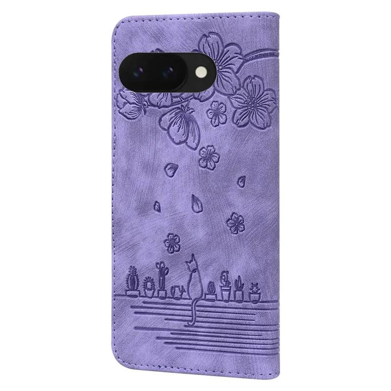 For Google Pixel 9a Case Flip Stand Leather Phone Cover Cherry Blossom Cat Imprinted - Purple
