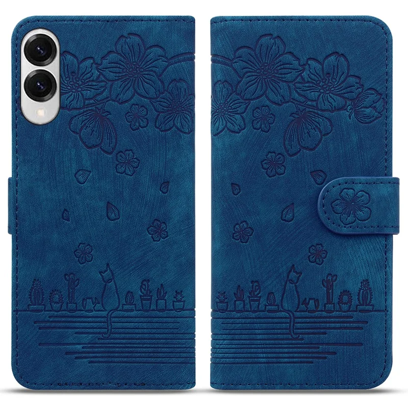For Samsung Galaxy S25 Edge Case Flip Stand Leather Phone Cover Cherry Blossom Cat Imprinted - Blue