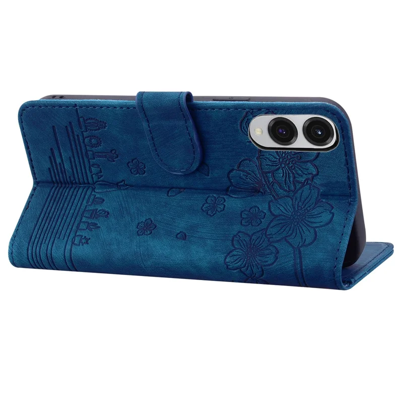 For Samsung Galaxy S25 Edge Case Flip Stand Leather Phone Cover Cherry Blossom Cat Imprinted - Blue