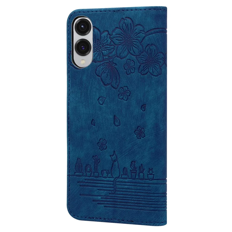 For Samsung Galaxy S25 Edge Case Flip Stand Leather Phone Cover Cherry Blossom Cat Imprinted - Blue