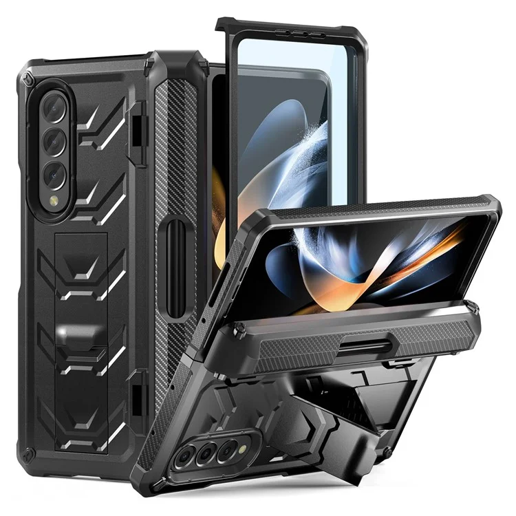Für Samsung Galaxy Z Fold4 5G SM-F936B Robuste Serie Ständer Stoßfeste Handyhülle TPU + PC Hybrid Abdeckung mit Stifthalter Scharnier - Schwarz