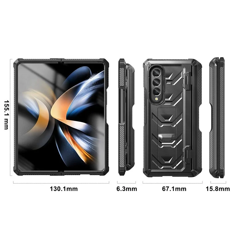 Für Samsung Galaxy Z Fold4 5G SM-F936B Robuste Serie Ständer Stoßfeste Handyhülle TPU + PC Hybrid Abdeckung mit Stifthalter Scharnier - Schwarz