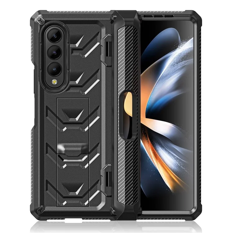 For Samsung Galaxy Z Fold4 5G SM-F936B Rugged Series Kickstand Shockproof Phone Case TPU + PC Hybrid Cover with Pen Holder Hinge - Black