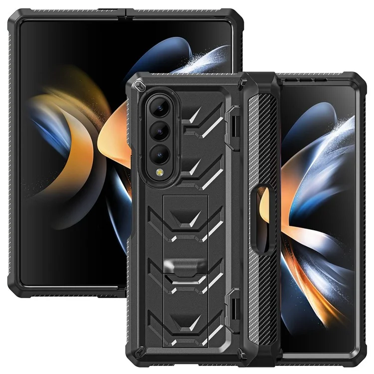 Für Samsung Galaxy Z Fold4 5G SM-F936B Robuste Serie Ständer Stoßfeste Handyhülle TPU + PC Hybrid Abdeckung mit Stifthalter Scharnier - Schwarz