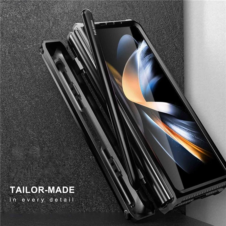 Für Samsung Galaxy Z Fold4 5G SM-F936B Robuste Serie Ständer Stoßfeste Handyhülle TPU + PC Hybrid Abdeckung mit Stifthalter Scharnier - Schwarz