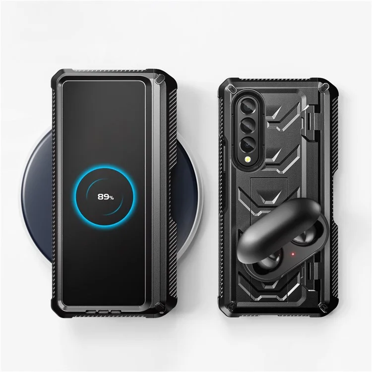 Für Samsung Galaxy Z Fold4 5G SM-F936B Robuste Serie Ständer Stoßfeste Handyhülle TPU + PC Hybrid Abdeckung mit Stifthalter Scharnier - Schwarz