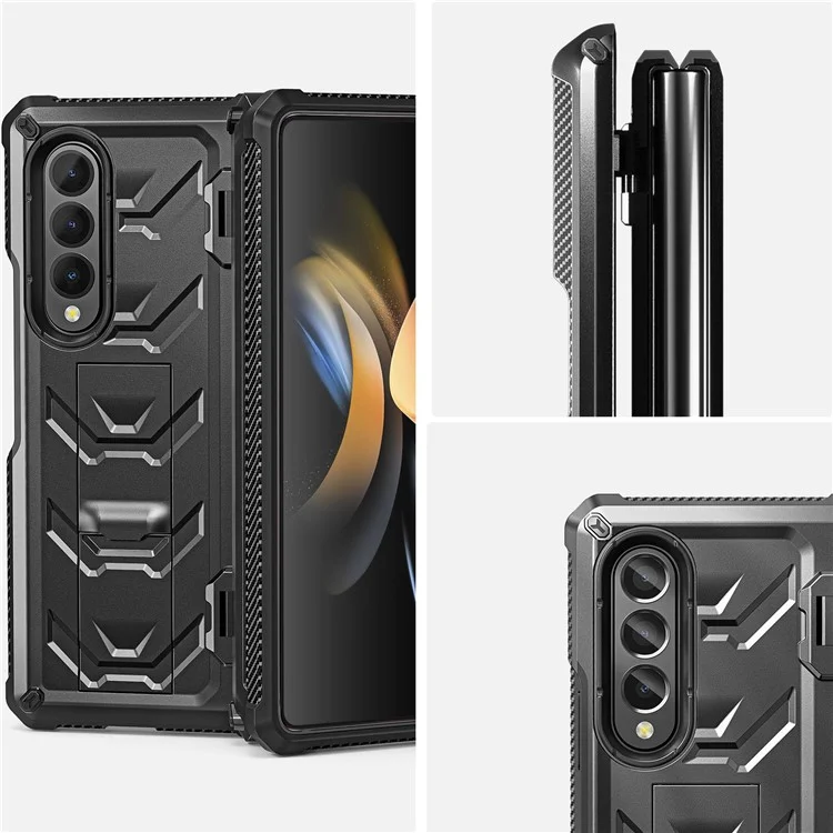 For Samsung Galaxy Z Fold4 5G SM-F936B Rugged Series Kickstand Shockproof Phone Case TPU + PC Hybrid Cover with Pen Holder Hinge - Black