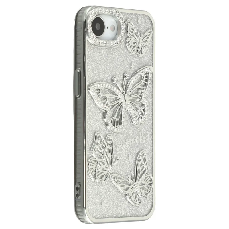 For iPhone 16e Case Rhinestones Decor 3D Butterfly TPU Phone Cover with Glitter Paper - Silver