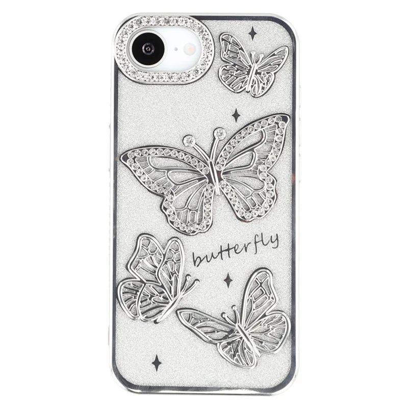 For iPhone 16e Case Rhinestones Decor 3D Butterfly TPU Phone Cover with Glitter Paper - Silver