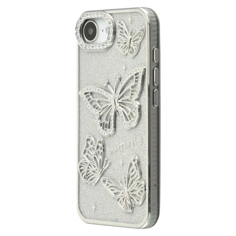 For iPhone 16e Case Rhinestones Decor 3D Butterfly TPU Phone Cover with Glitter Paper - Silver