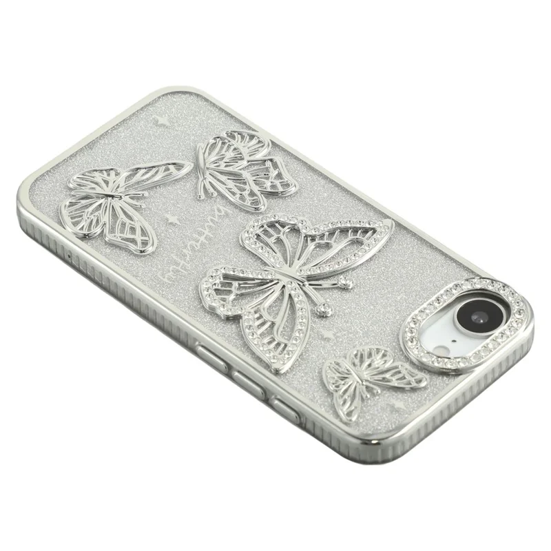 For iPhone 16e Case Rhinestones Decor 3D Butterfly TPU Phone Cover with Glitter Paper - Silver