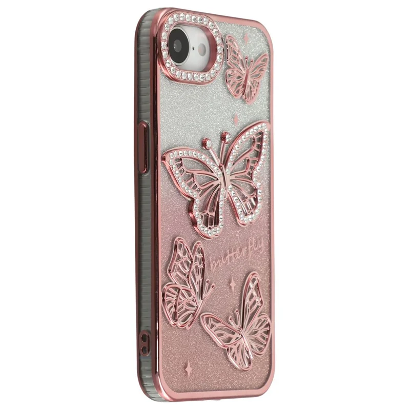 For iPhone 17e / 16e Case Rhinestones Decor 3D Butterfly TPU Phone Cover with Glitter Paper - Pink