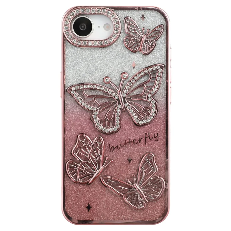 For iPhone 17e / 16e Case Rhinestones Decor 3D Butterfly TPU Phone Cover with Glitter Paper - Pink
