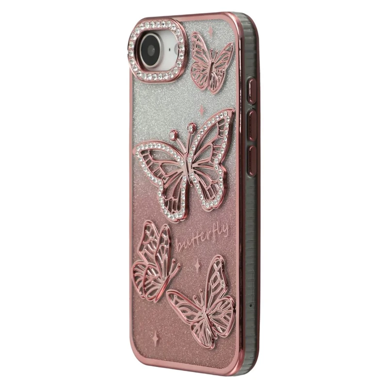 For iPhone 17e / 16e Case Rhinestones Decor 3D Butterfly TPU Phone Cover with Glitter Paper - Pink