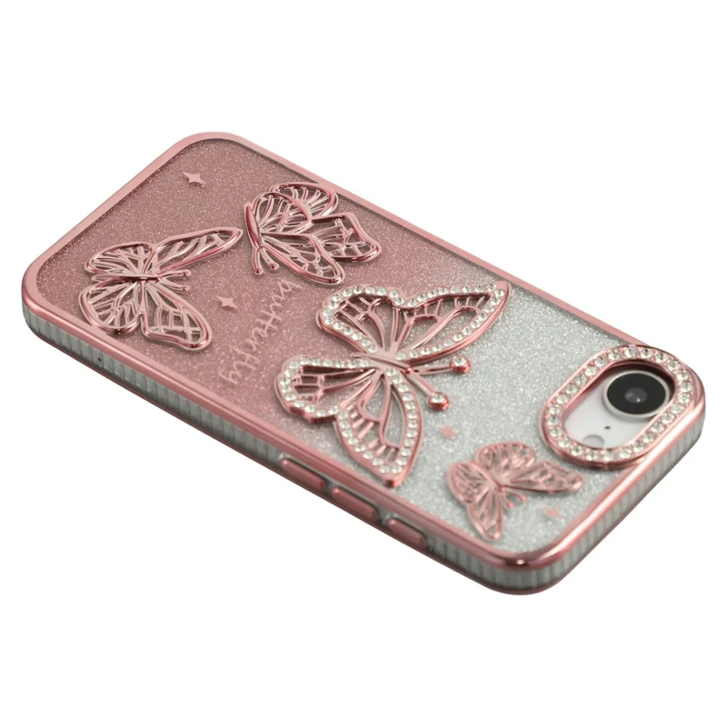 For iPhone 17e / 16e Case Rhinestones Decor 3D Butterfly TPU Phone Cover with Glitter Paper - Pink