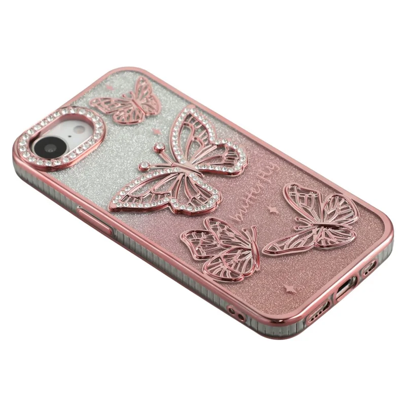 For iPhone 17e / 16e Case Rhinestones Decor 3D Butterfly TPU Phone Cover with Glitter Paper - Pink