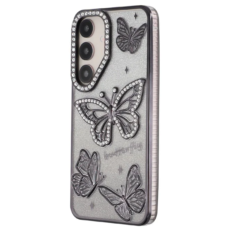 For Samsung Galaxy S25 / S24 Case Rhinestones Decor 3D Butterfly TPU Phone Cover with Glitter Paper - Black