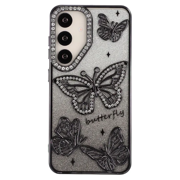 For Samsung Galaxy S25 / S24 Case Rhinestones Decor 3D Butterfly TPU Phone Cover with Glitter Paper - Black