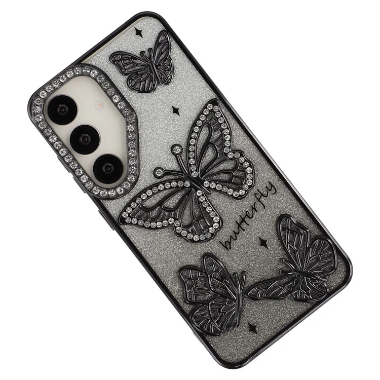 For Samsung Galaxy S25 / S24 Case Rhinestones Decor 3D Butterfly TPU Phone Cover with Glitter Paper - Black