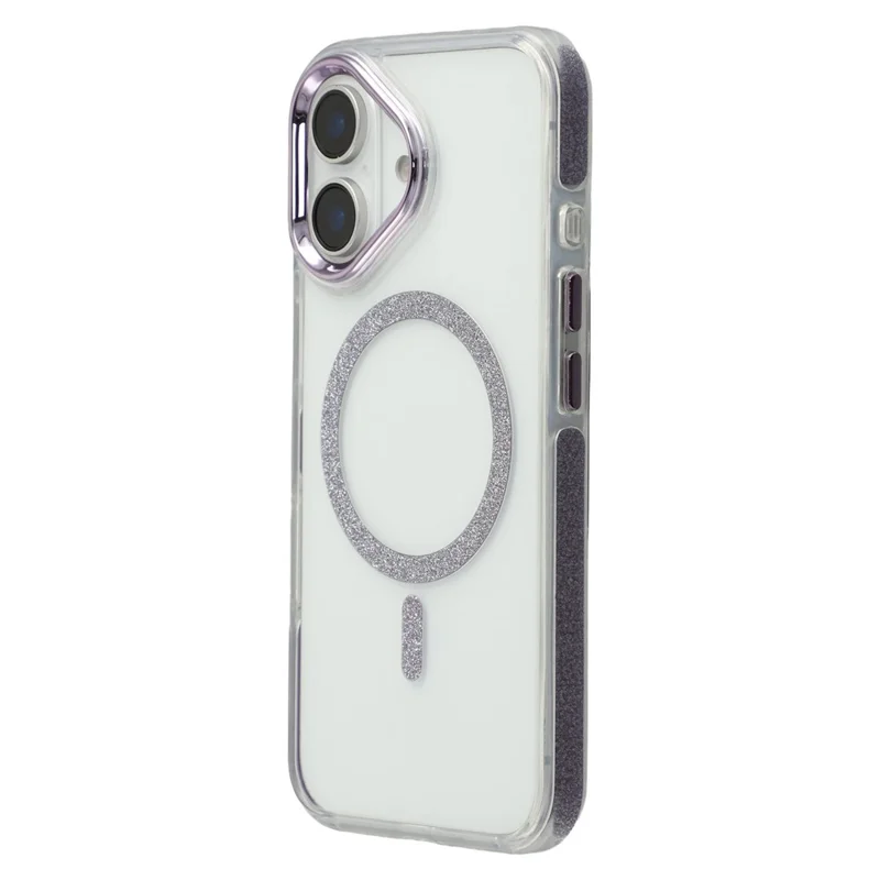 For iPhone 16 Magnetic Case Glitter Edge TPU + PC Clear Back Phone Cover - Purple