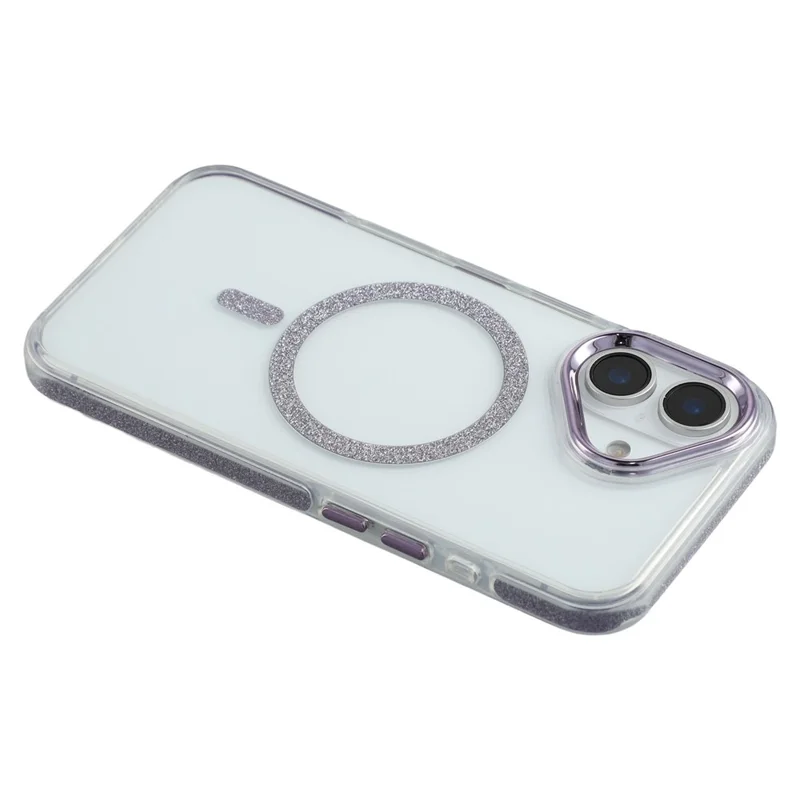 For iPhone 16 Magnetic Case Glitter Edge TPU + PC Clear Back Phone Cover - Purple
