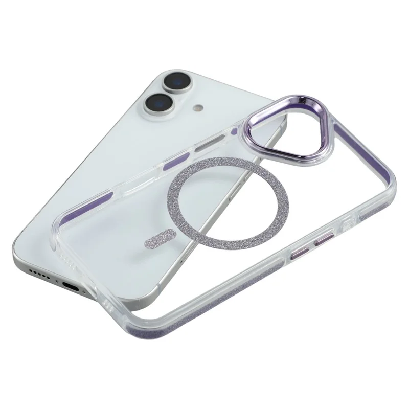 For iPhone 16 Magnetic Case Glitter Edge TPU + PC Clear Back Phone Cover - Purple