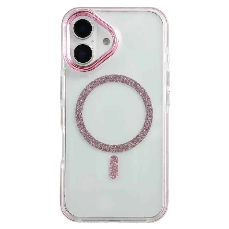 For iPhone 16 Magnetic Case Glitter Edge TPU + PC Clear Back Phone Cover - Pink