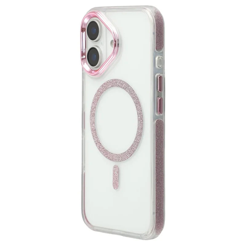 For iPhone 16 Magnetic Case Glitter Edge TPU + PC Clear Back Phone Cover - Pink