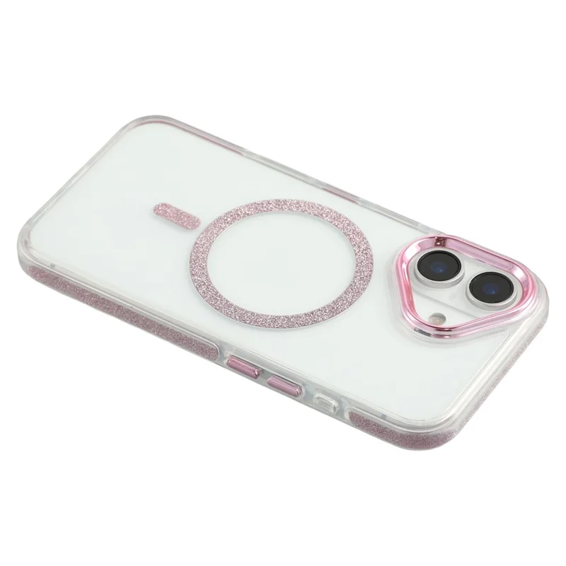 For iPhone 16 Magnetic Case Glitter Edge TPU + PC Clear Back Phone Cover - Pink