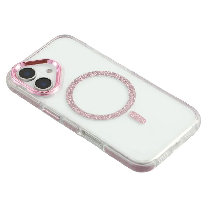 For iPhone 16 Magnetic Case Glitter Edge TPU + PC Clear Back Phone Cover - Pink