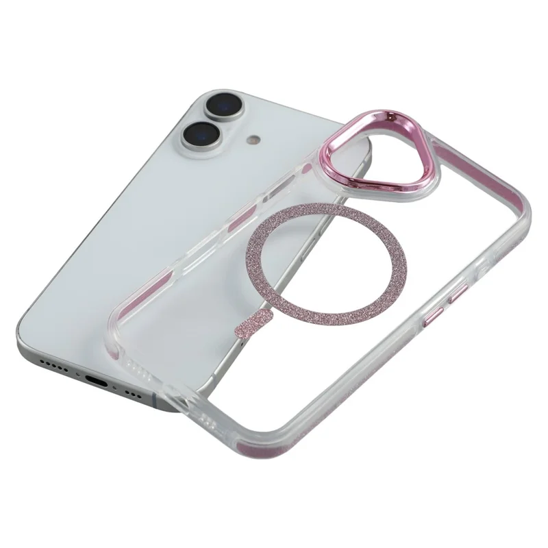 For iPhone 16 Magnetic Case Glitter Edge TPU + PC Clear Back Phone Cover - Pink