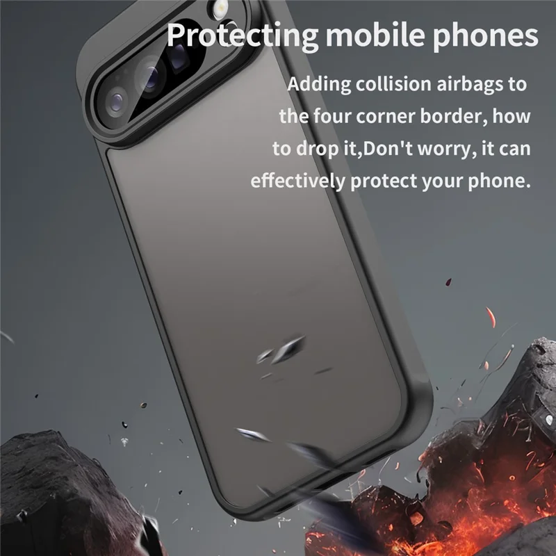 For Google Pixel 10 Pro XL Case Drop Proof Airbags Frosted Translucent PC + TPU Phone Back Cover - Black