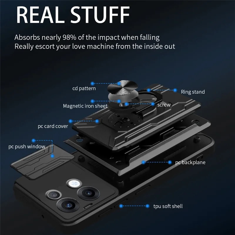 For Oppo Reno13 5G (Global) Case PC + TPU Kickstand Phone Back Cover with Camera Slider - Black