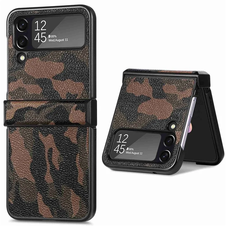 Camouflage Pattern Phone Case for Samsung Galaxy Z Flip4 5G, PU Leather Coated PC Anti-scratch Back Cover - Camouflage Brown