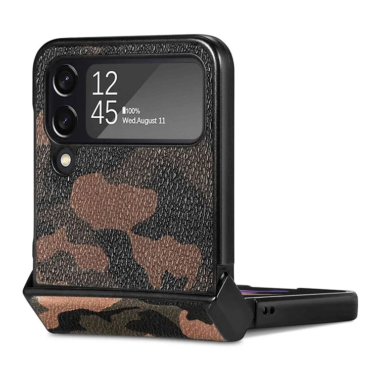 Camouflage Pattern Phone Case for Samsung Galaxy Z Flip4 5G, PU Leather Coated PC Anti-scratch Back Cover - Camouflage Brown