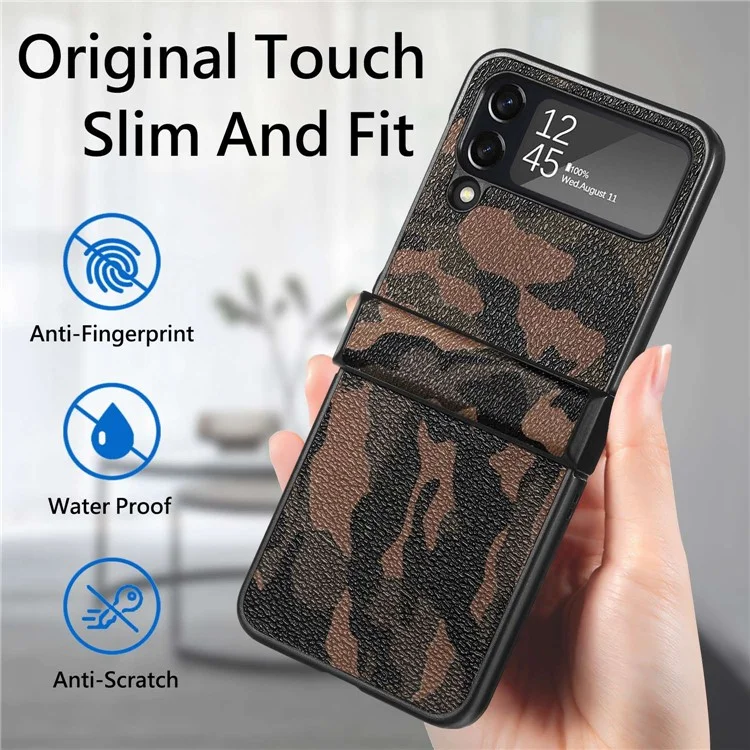 Camouflage Pattern Phone Case for Samsung Galaxy Z Flip4 5G, PU Leather Coated PC Anti-scratch Back Cover - Camouflage Brown