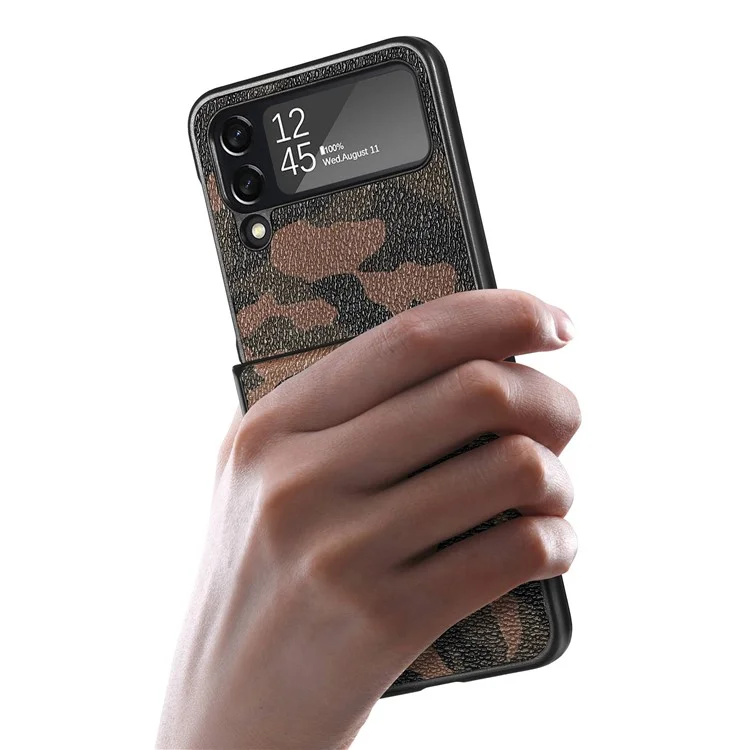 Camouflage Pattern Phone Case for Samsung Galaxy Z Flip4 5G, PU Leather Coated PC Anti-scratch Back Cover - Camouflage Brown