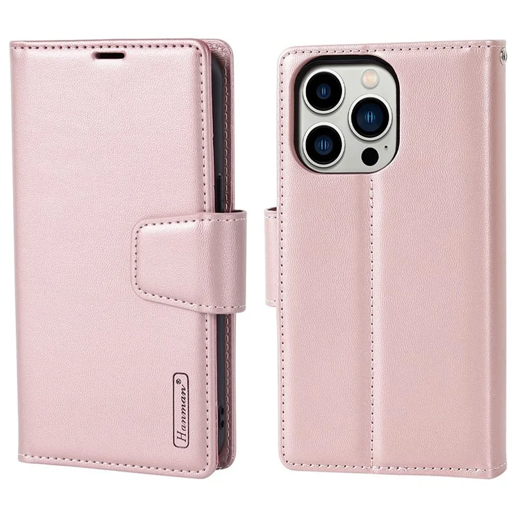 HANMAN Miro2 Series for iPhone 14 Pro PU Leather Wallet Phone Case Magnetic Detachable Stand Flip Cover - Rose Gold